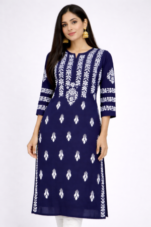 navy blue chikankari kurti for women | elegant white embroidered straight kurta
