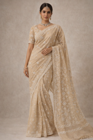 purewear creations premium tissue chikankari saree – geometric floral jaali embroidery with heavy designer palla