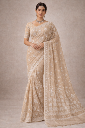 purewear creations premium tissue chikankari saree with heavy designer palla – dyeable festive collection