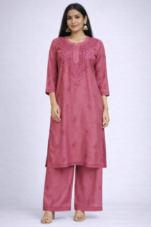 magenta chikankari kurta set for women – handcrafted embroidered kurti with palazzo