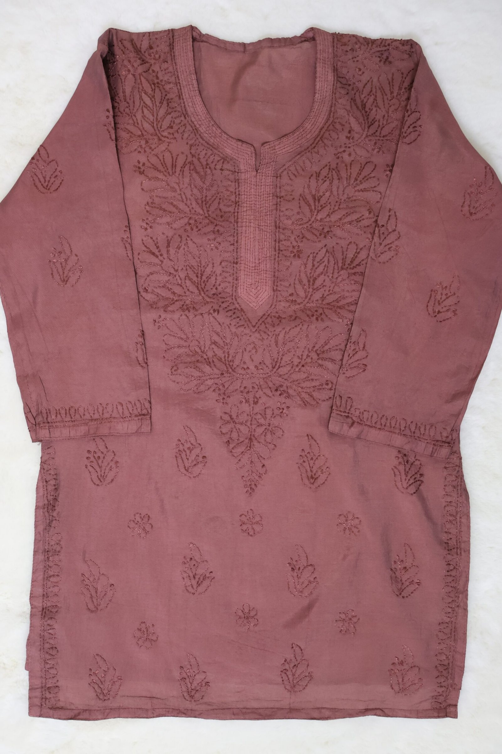 women dusty rose short chikankari embroidered straight kurti women dusty rose short chikankari embroidered straight kurti