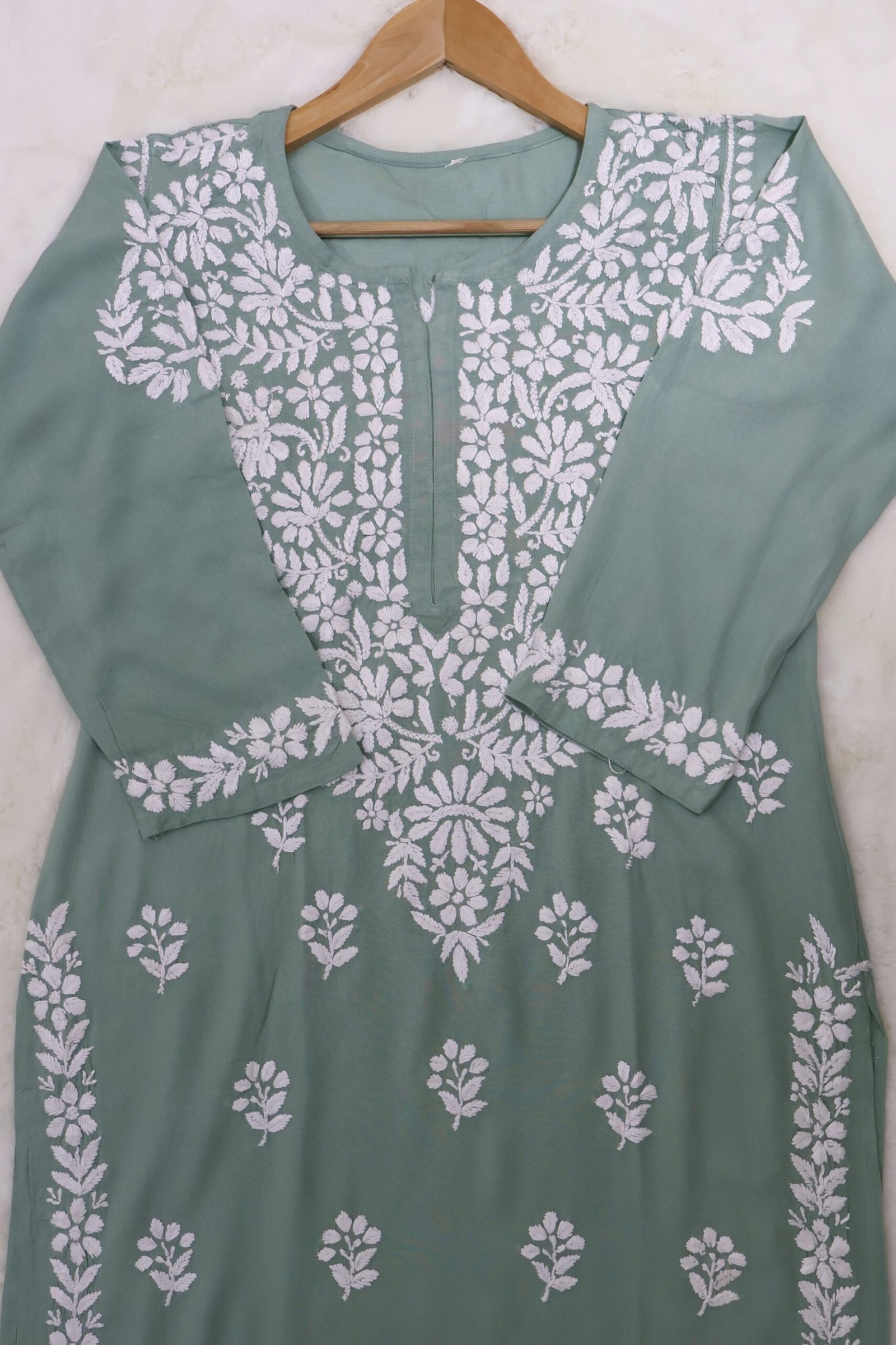 sage green modal chikankari kurti sage green modal chikankari kurti for women-PureWear Creations