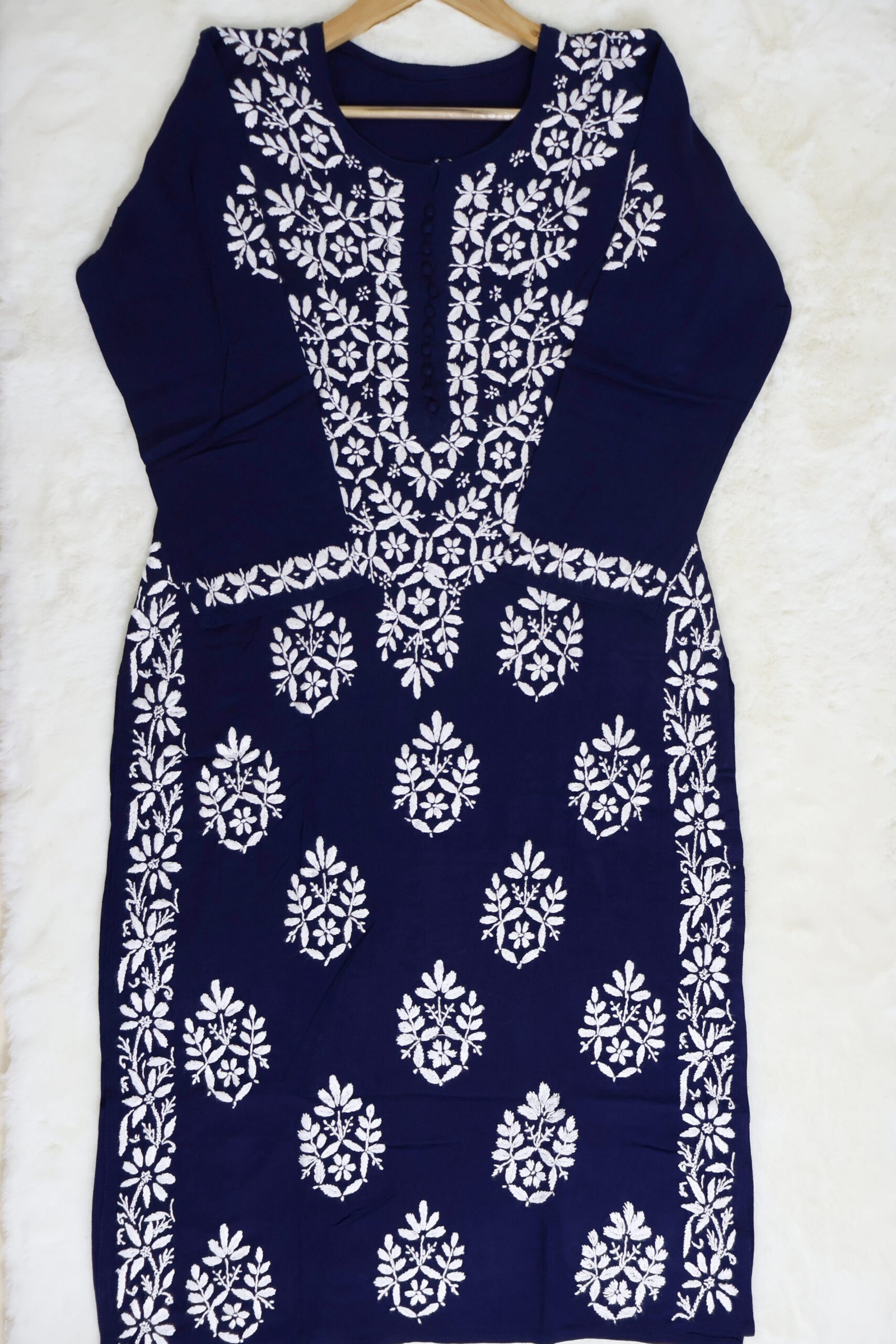 purewear creations navy blue chikankari embroidered kurti with heavy neck panel & side border work purewear creations navy blue chikankari embroidered kurti with heavy neck panel & side border work