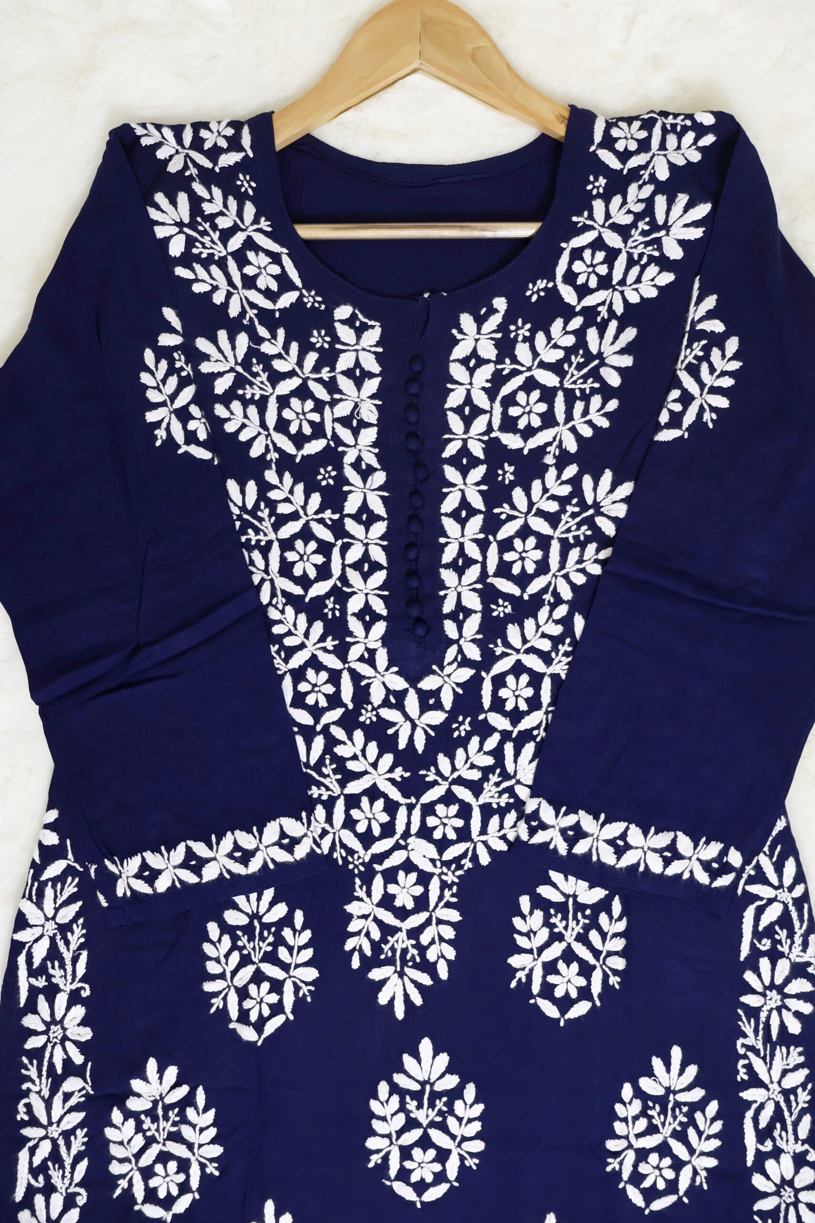 purewear creations navy blue chikankari embroidered kurti with heavy neck panel & side border work purewear creations navy blue chikankari embroidered kurti with heavy neck panel & side border work