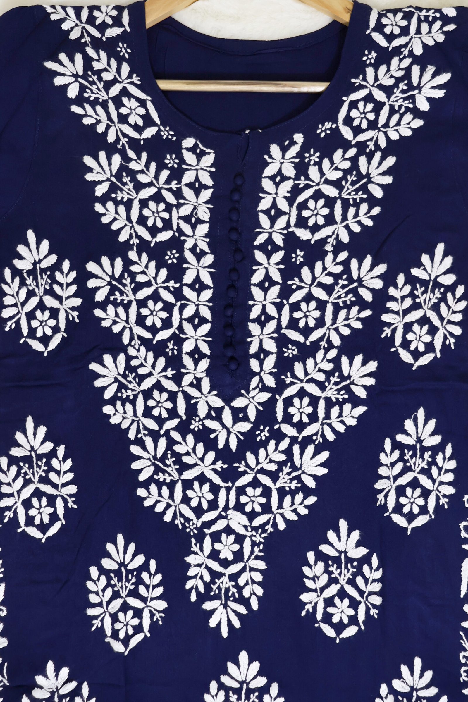purewear creations navy blue chikankari embroidered kurti with heavy neck panel & side border work purewear creations navy blue chikankari embroidered kurti with heavy neck panel & side border work
