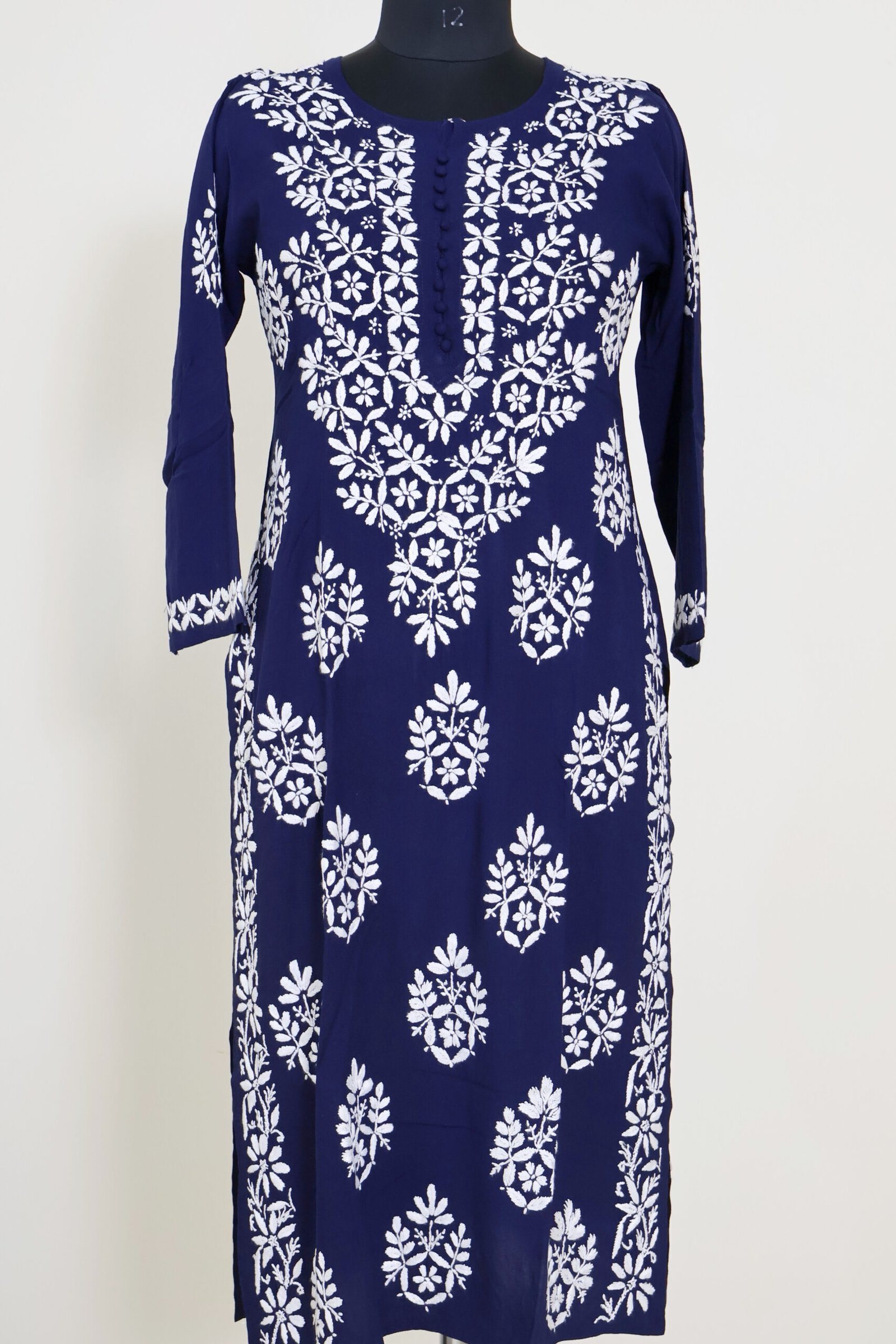purewear creations navy blue chikankari embroidered kurti with heavy neck panel & side border work purewear creations navy blue chikankari embroidered kurti with heavy neck panel & side border work