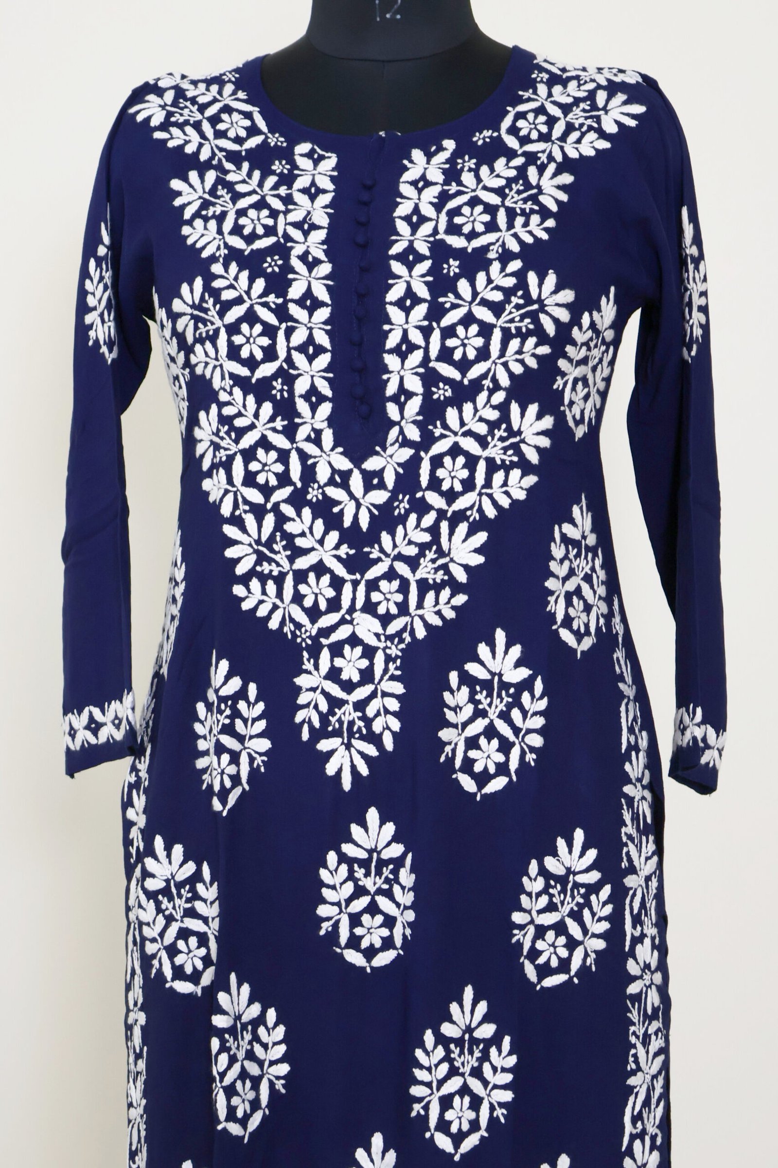 purewear creations navy blue chikankari embroidered kurti with heavy neck panel & side border work purewear creations navy blue chikankari embroidered kurti with heavy neck panel & side border work