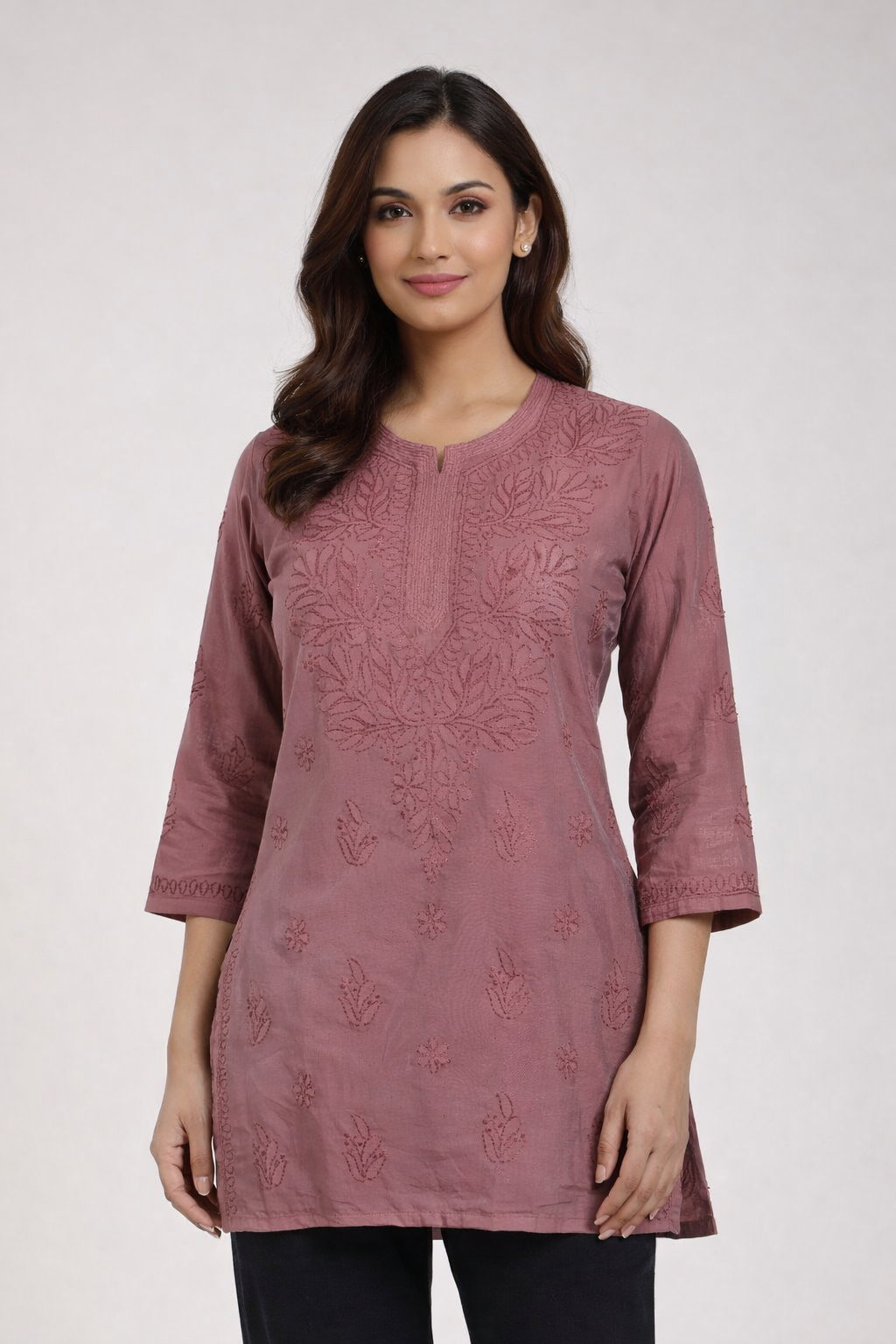 women dusty rose short chikankari embroidered straight kurti women dusty rose short chikankari embroidered straight kurti
