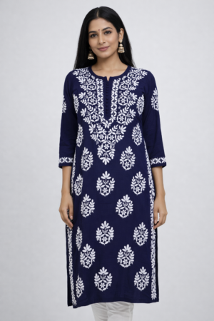 purewear creations navy blue chikankari embroidered kurti with heavy neck panel & side border work