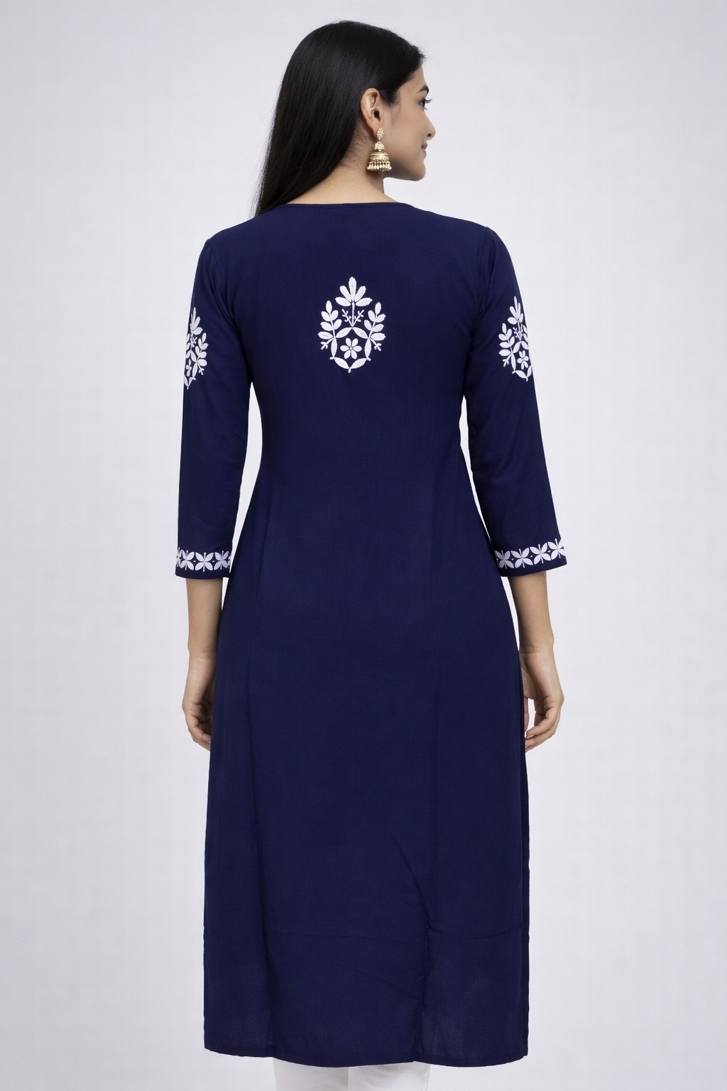 purewear creations navy blue chikankari embroidered kurti with heavy neck panel & side border work purewear creations navy blue chikankari embroidered kurti with heavy neck panel & side border work