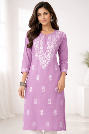 lavender cotton chikankari long kurti with white embroidery