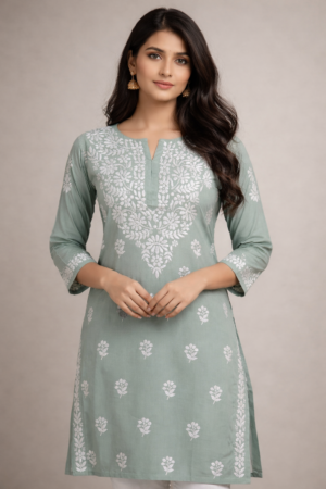 sage green cotton chikankari kurti for women – handcrafted lucknowi embroidery