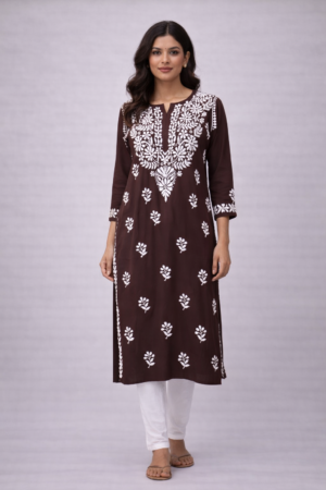 brown lucknowi chikankari kurti with white embroidery – straight fit