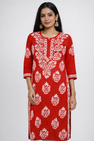 Red Chikankari Kurti for Women-PureWear Creations