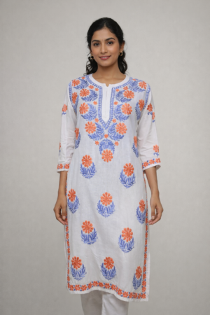 white chikankari kurti for women | peach & lavender embroidery straight kurta