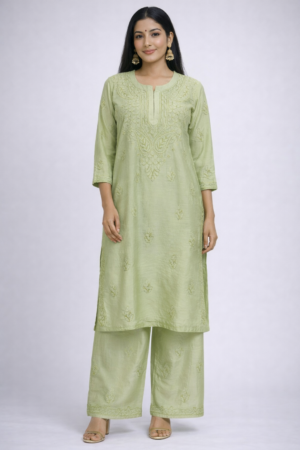 Home women sage green chikankari embroidered kurti with palazzo set