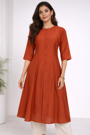 Rust Orange Silk Kurti for Women | Casual Wear Kurti- PureWear Creations