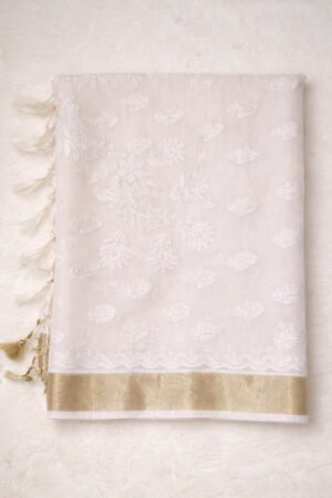 White Mal Cotton Chikankari Saree for Women – PureWear Creations