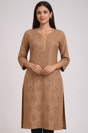 beige handcrafted chikankari kurti for women | elegant straight fit ethnic wear