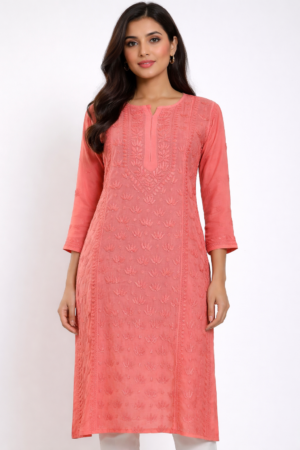 Home peach chikankari kurti | handcrafted lucknowi embroidery kurti for women