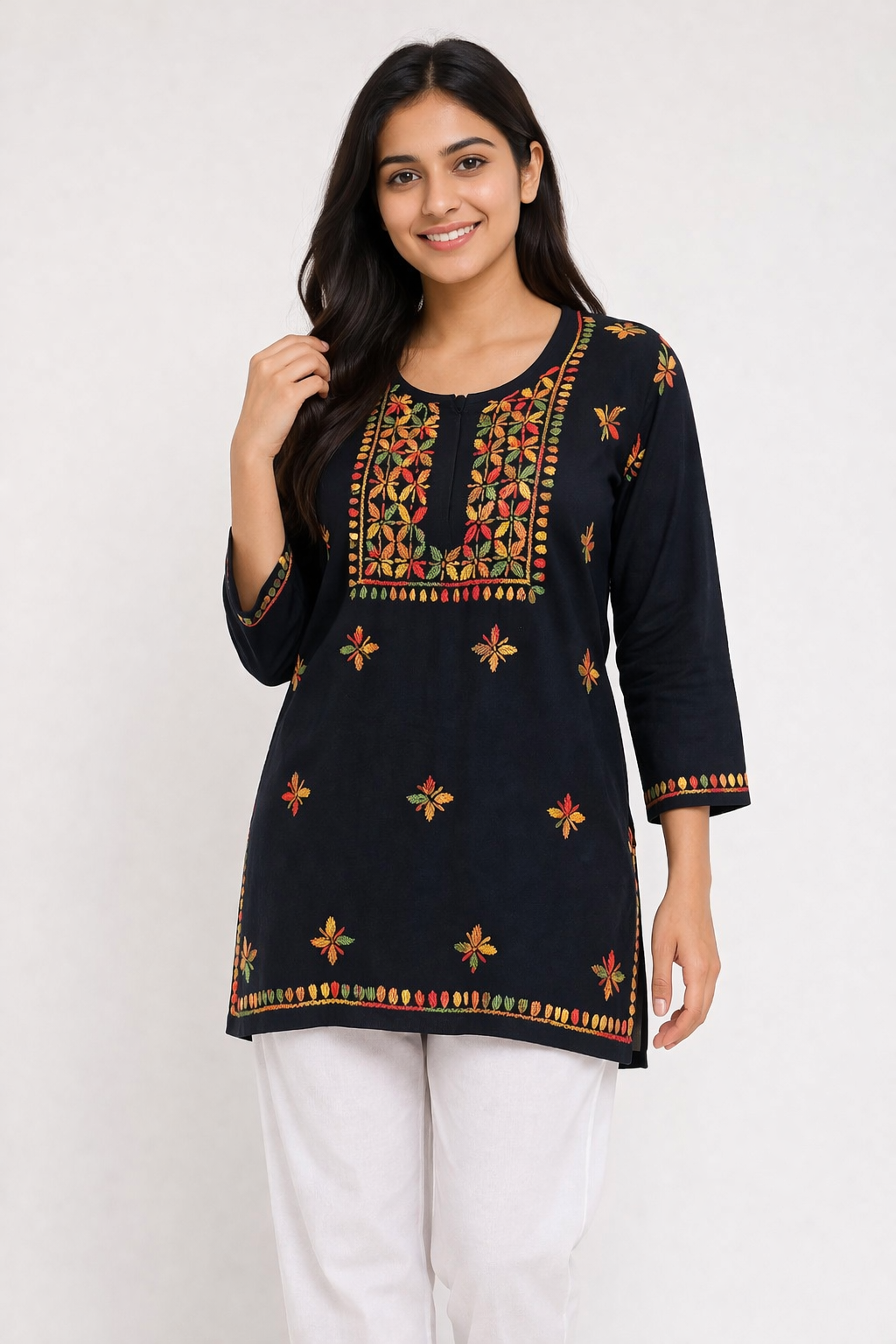 Black Multicolor Embroidered Chikankari Short Kurti Black Multicolor Embroidered Chikankari Short Kurti-PureWear Creations