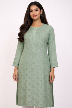 pastel green chikankari kurti elegant handcrafted wear | purewear creations