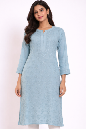 Home powder blue chikankari kurti | handcrafted lucknowi embroidery kurti