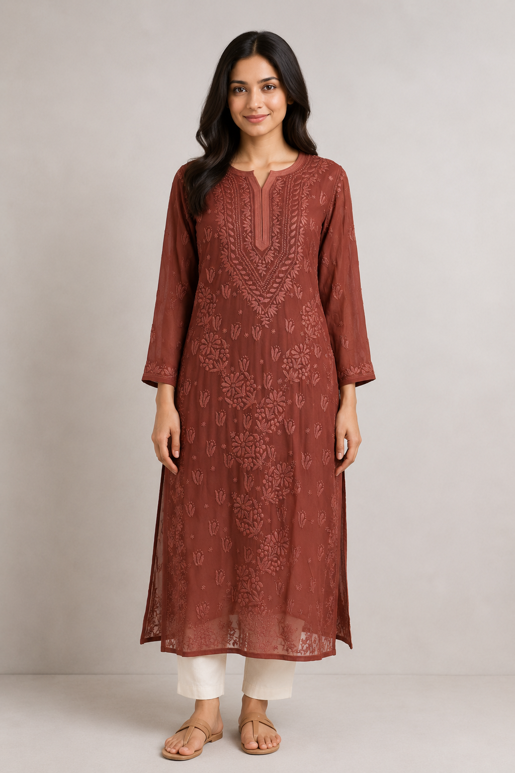 women’s dusty rose georgette chikankari kurti women’s dusty rose georgette chikankari kurti | purewear creations