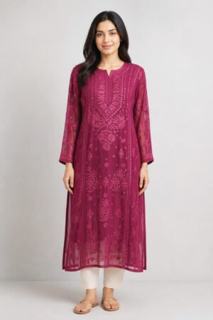 wine pink georgette chikankari kurti for women | purewear creations