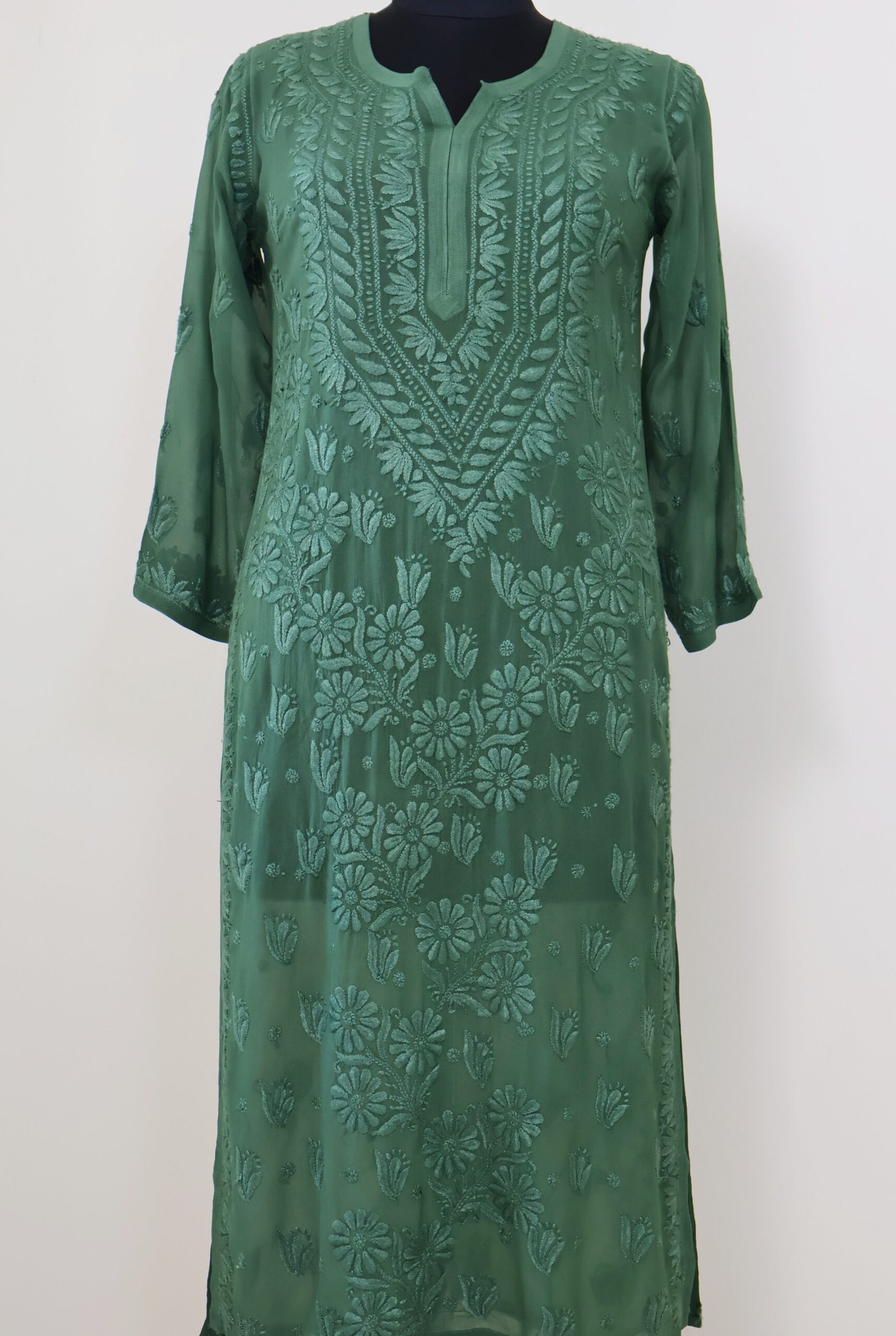 women’s sage green georgette chikankari kurti women’s sage green georgette chikankari kurti | purewear creations