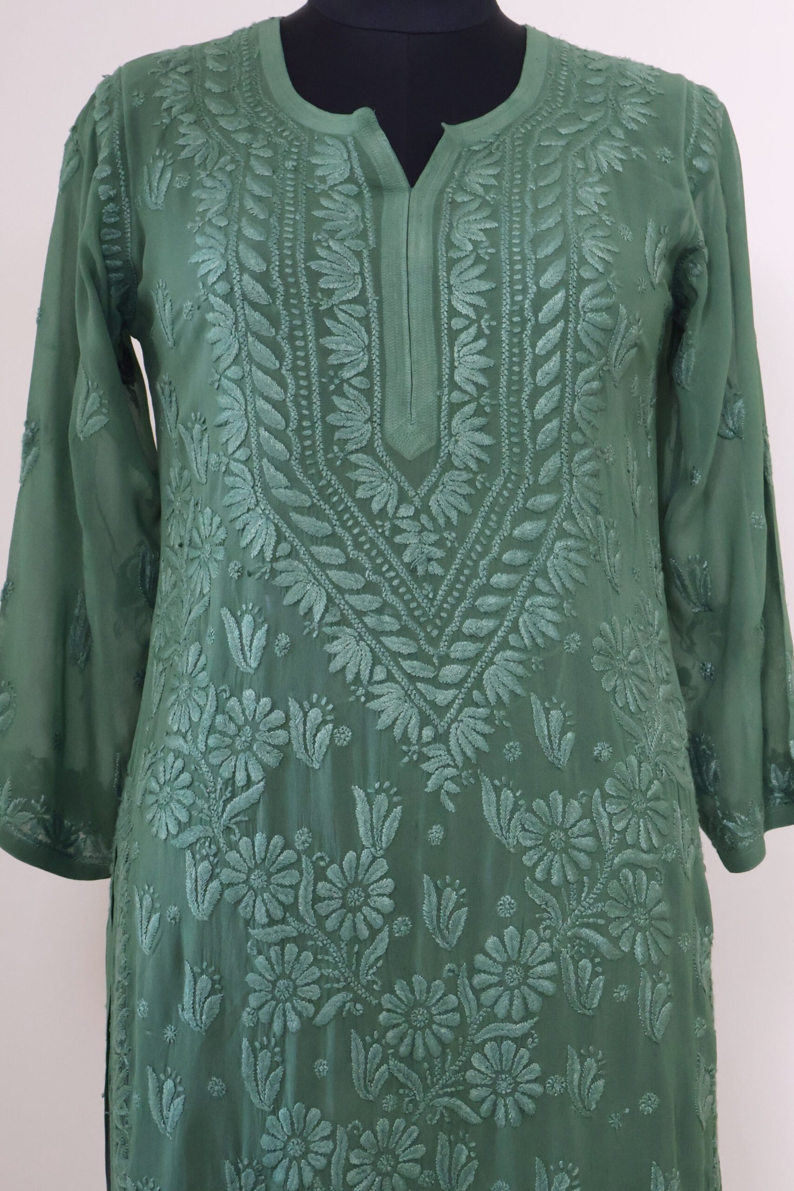 women’s sage green georgette chikankari kurti women’s sage green georgette chikankari kurti | purewear creations
