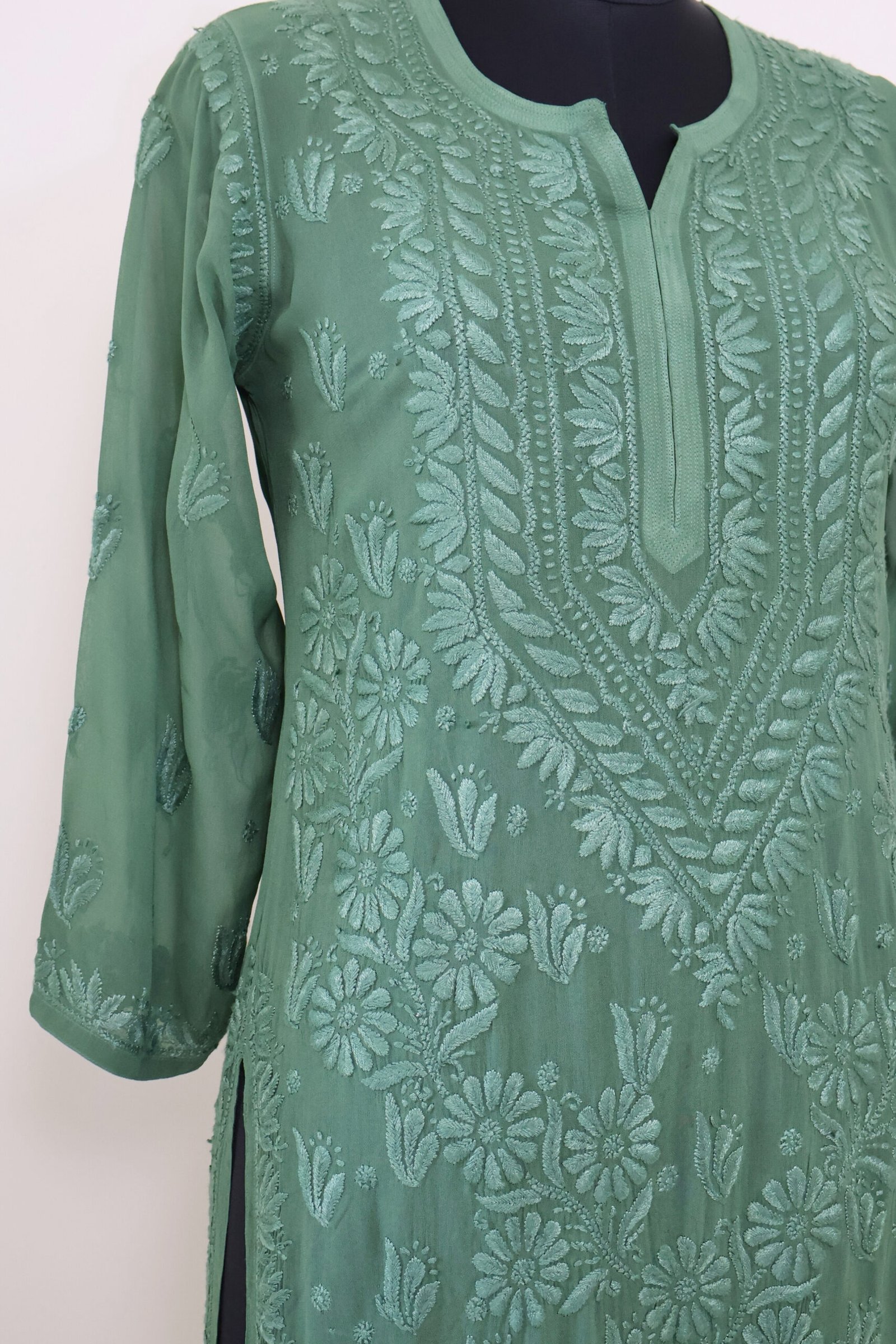 women’s sage green georgette chikankari kurti women’s sage green georgette chikankari kurti | purewear creations
