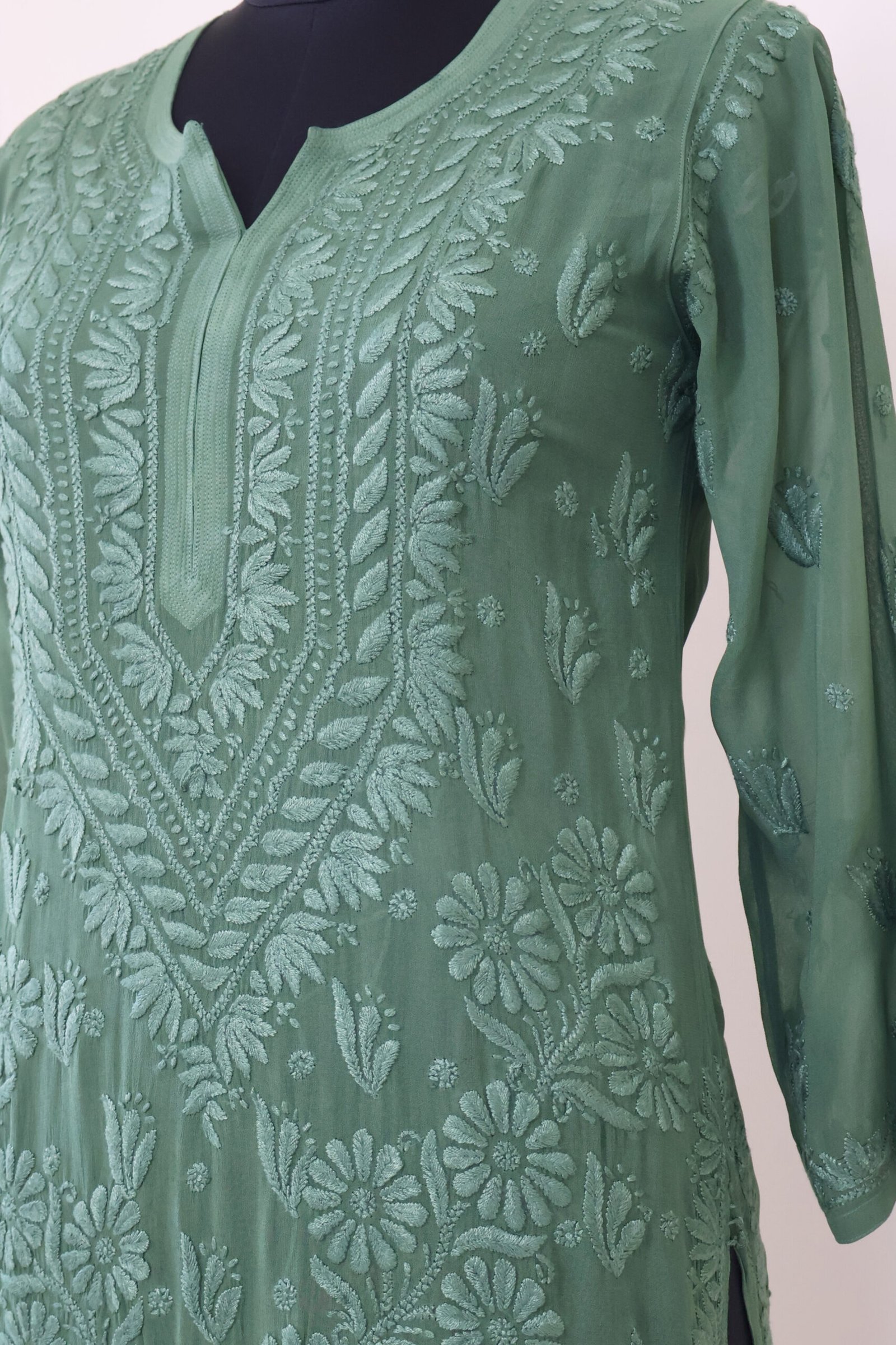 women’s sage green georgette chikankari kurti women’s sage green georgette chikankari kurti | purewear creations