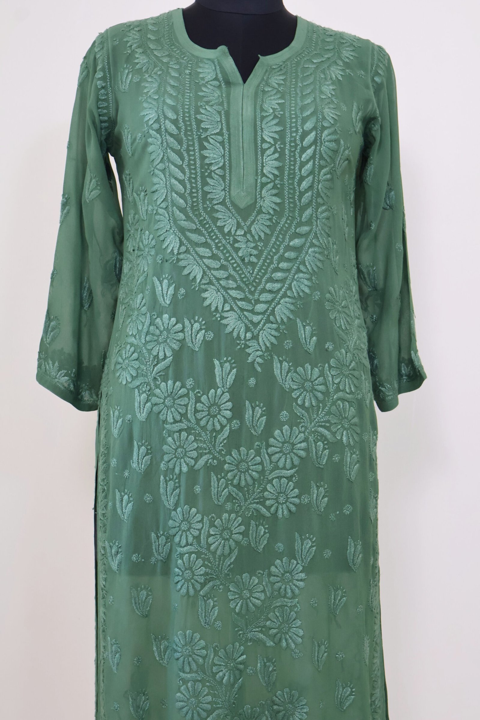 women’s sage green georgette chikankari kurti women’s sage green georgette chikankari kurti | purewear creations