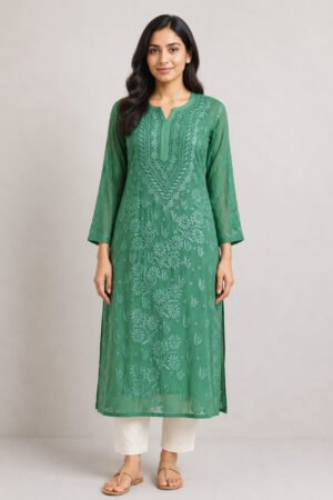 women’s sage green georgette chikankari kurti | purewear creations