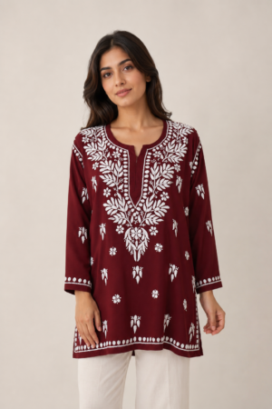 women short chikankari kurti | handcrafted lucknowi embroidered kurti purewear creations